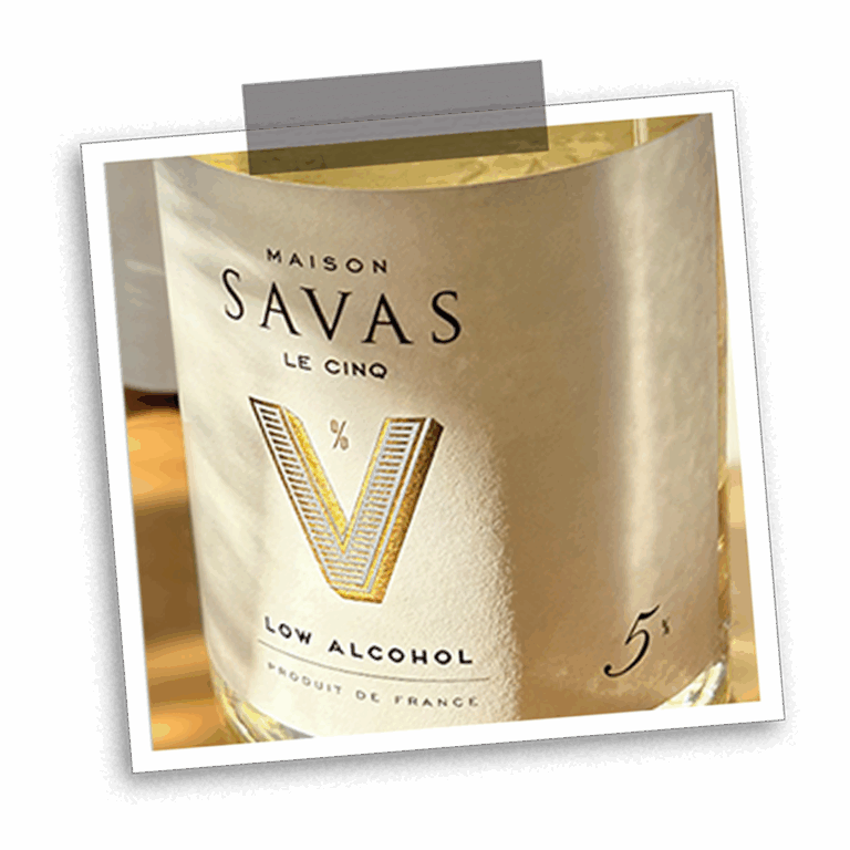 Bouteille de vin blanc Le Cinq par Maison SAVAS, 5 % d’alcool, produit de France à faible teneur en alcool.